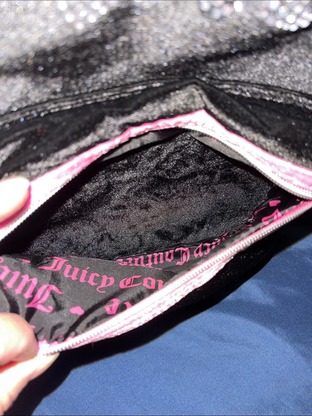 Juicy Couture Black Velvet Kids Backpack with Pink Trim and Rhinestones